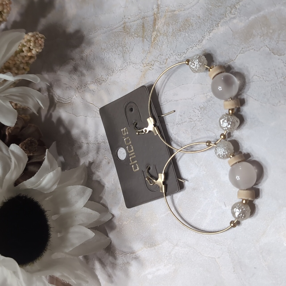 Chico's Gold and Cream Beaded Hoop Earrings NWT
